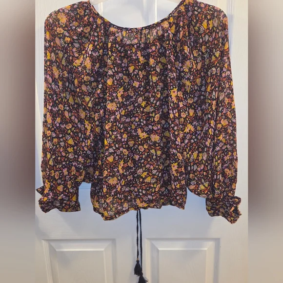 Womens Anthropologie Multicolor Floral Blouse W/ Bell Sleeve, Sheer, Sz SM - Picture 10 of 11